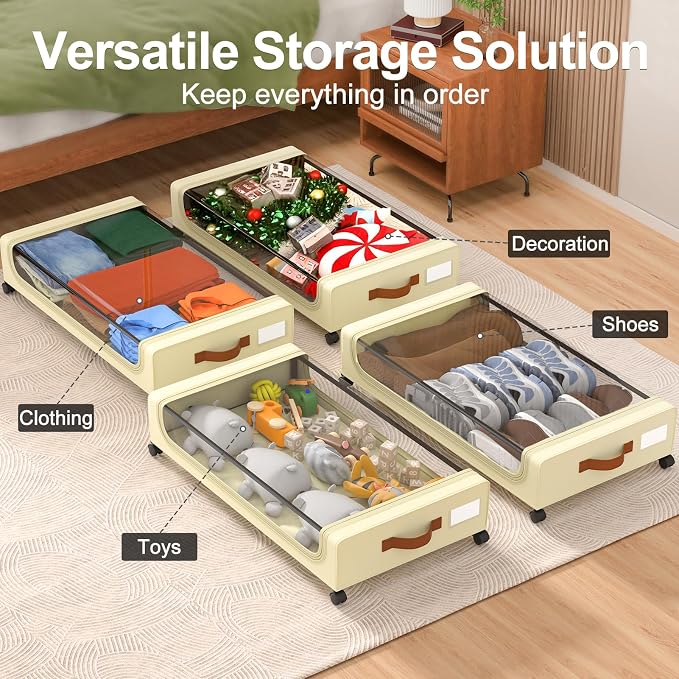 GoMaihe Under Bed Storage with Wheels 48L Beige 4-Pack | Underbed Storage Containers with Lids Rolling Bins for Shoes Clothes in Dorm Bedroom - Metal Drawers Easy Pull-out