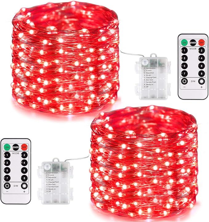 JMEXSUSS 2 Pack Fairy Lights Battery Operated, Red Lights for Halloween | Total 400 LED 132ft, Remote Control, Waterproof, 8 Modes Twinkle String Lights for Bedroom Wreath Xmas Indoor Outdoor Decor