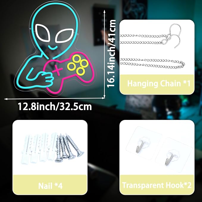 Alien Game Neon Sign Ice Blue Alien Neon Light for Wall Decor Dimmable Game Neon Sign Gaming Controller Light Up Sign for Bedroom Bar Room(16.14 * 12.8)