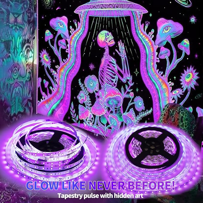 33 Foot Black Light Strip & Remote, 600 LEDs, Dimmable 12V Flexible Black Lights for Glow Party, Bedroom, Hallween, Fluorescent Tapestry Poster, 3 Light Modes, Non-Waterproof