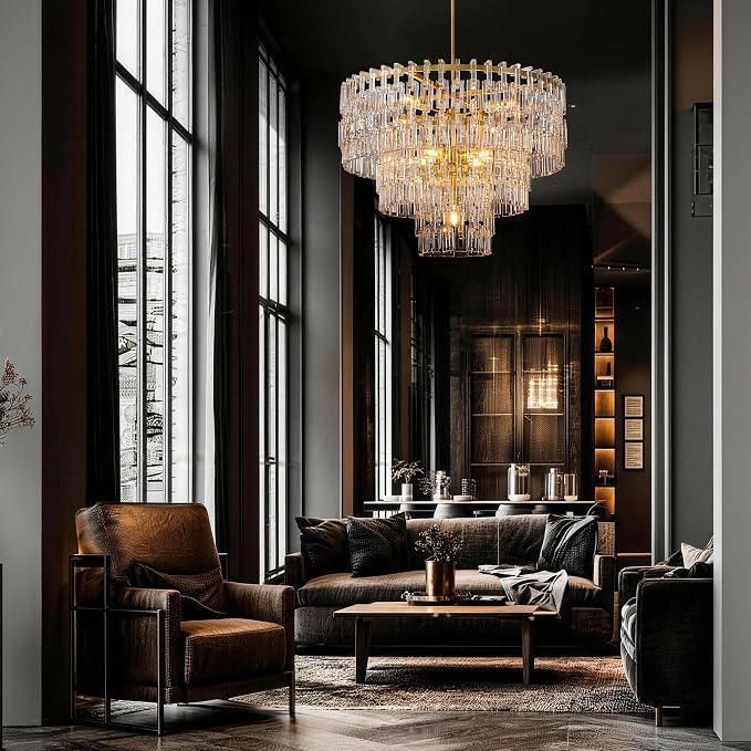 36'' W Round Crystal Chain Chandelier 9-Light E26 Modern Pendant Light, Burnished Brass Finish with 350+ Crystal Links, 79 Inch Adjustable Hanging Rod, For Foyer, Dining Room, Living Room, Gold