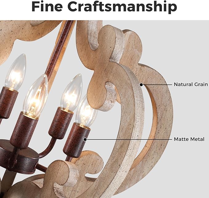 5-Light Farmhouse Chandelier, Rustic Wood and Metal Light Fixture with Distressed White Finish & Rust Accents, Adjustable Height for Dining Room, Kitchen Island, Entryway, Foyer, Bedroom