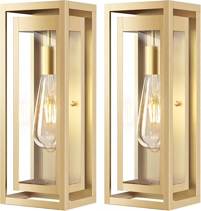 15" Outdoor Wall Lights, Gold Exterior Lighting Fixtures, 2 Pack | Large Size, Anti-Rust, Waterproof, Tempered Glass, Easy Installation, Modern & Classic Outdoor Sconces for House Porch Garage