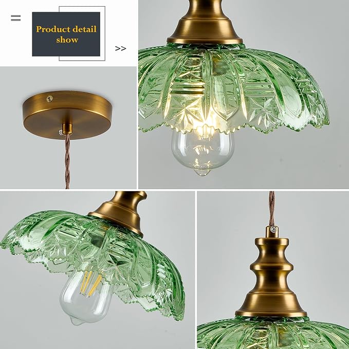 1-Light Pendant Light with Brass Gold Metal Green Glass Shade and Adjustable Cord Industrial Ceiling Hanging Light for Kitchen Island Bar Dining Room Bedroom Foyer Hallway Farmhouse