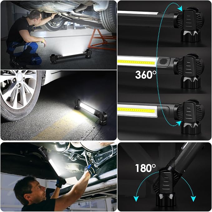 Ropelux Mechanic Work Light Bar with 2500LM 5200mAh Battery, Black 3 Pcs | 2-Level Brightness, 7500K Cool White, 4-10 Hours Runtime, Magnetic Bases, Hooks, 360° Rotating, Rechargeable, Tool Gift