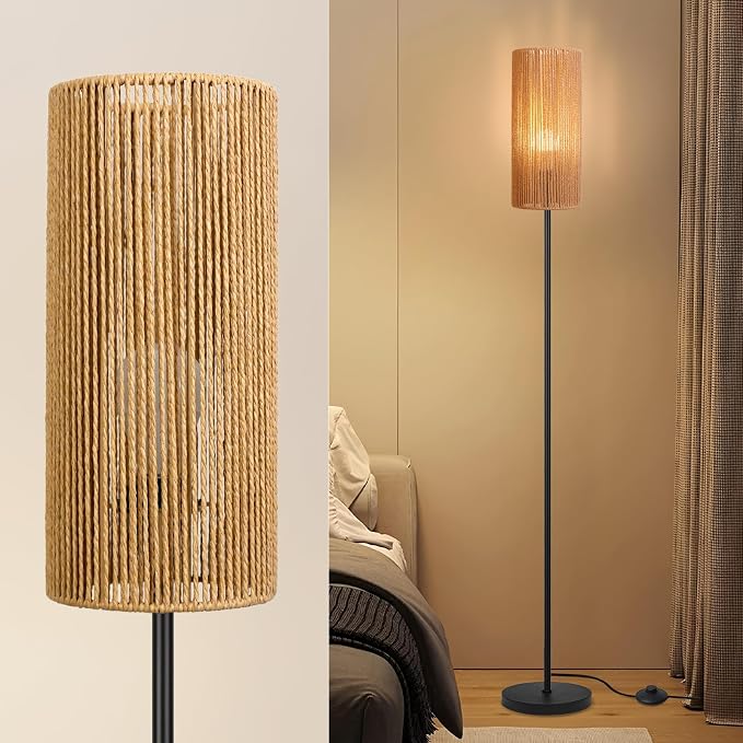 Ruiever Floor Lamp for Living Room,Farmhouse Floor lamp,Modern Standing lamp with Hand-Worked Rattan Shade (Straight Line Rattan Shade- 3 Color Bulb)