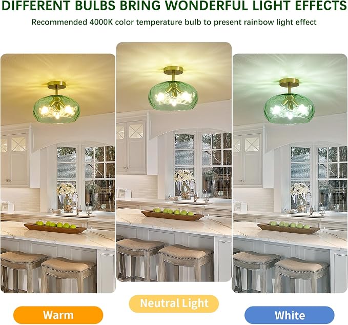 Vintage Semi Flush Mount Ceiling Light ,12″ Art Deco Green Hammered Glass | Gold,Mid Century,Whimsical,MCM,Unique Cute Retro Light Fixtures for Girls Bedroom,Entryway Laundry Room Kitchen Closet Foyer