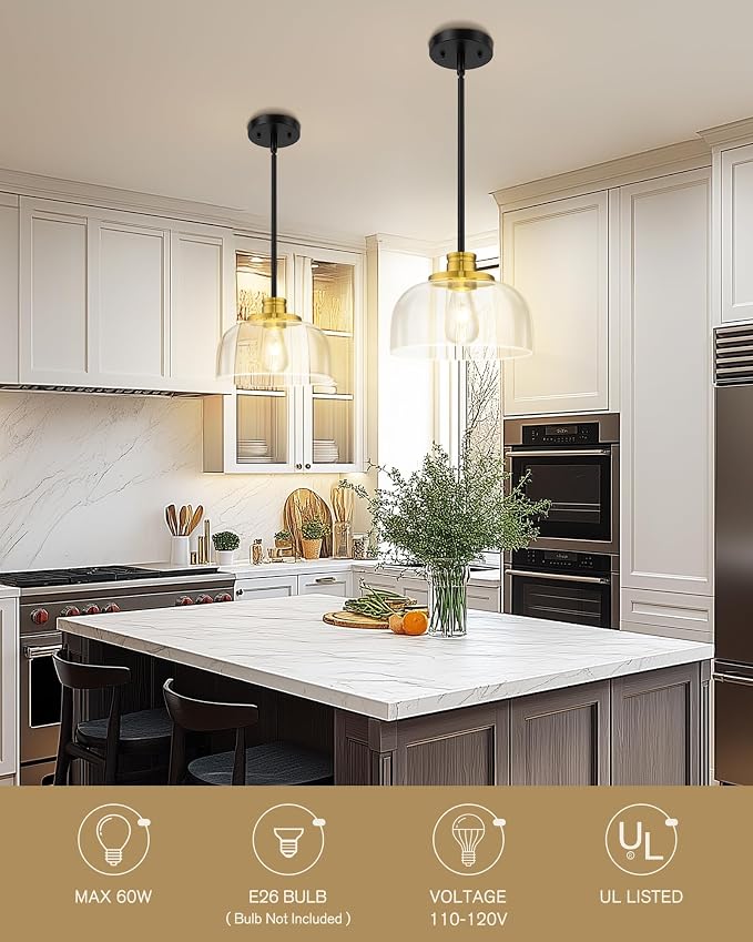Emak Black and Gold Pendant Lights, 10 Inch Large Pendant Light Fixtures with Clear Glass Shade, Modern Farmhouse Island Lights for Kitchen, Dining Room, Bathroom, Bar, PL131-BKBGD-CG