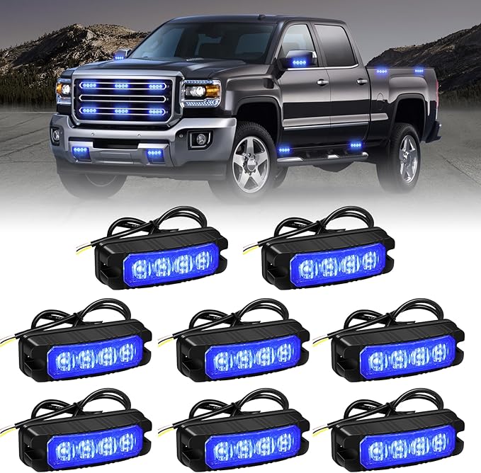 XRIDONSEN 8PCS Sync Blue Grill Emergency Lights 32 LED Grille Surface Mount Firefighter Police Lights Strobe Flashing Warning Safety Hazard First Responder Light for Vehicles Firefighters POV Trucks