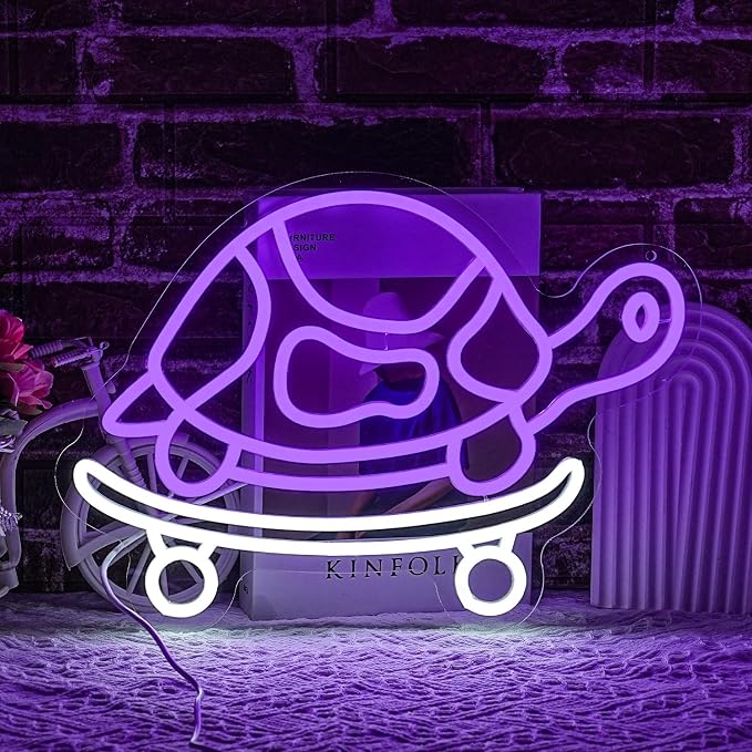 Skateboard Turtle Neon Sign for Wall Decor Skateboarding Neon Light Sea Creature Led Light Sign Ocean Led Neon Wall Sign for Bedroom Skatepark Zoo Fish Shop