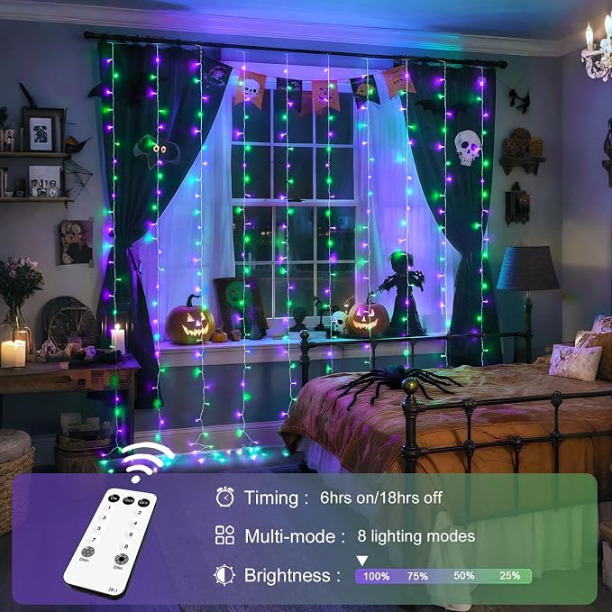 JMEXSUSS 300LED Purple & Green Curtain Lights for Halloween Decor, Plug in | 9.8x9.8ft, Halloween Curtain Lights with Remote, Twinkle Hanging String Light for Bedroom Wall Window Backdrop Indoor Outdoor