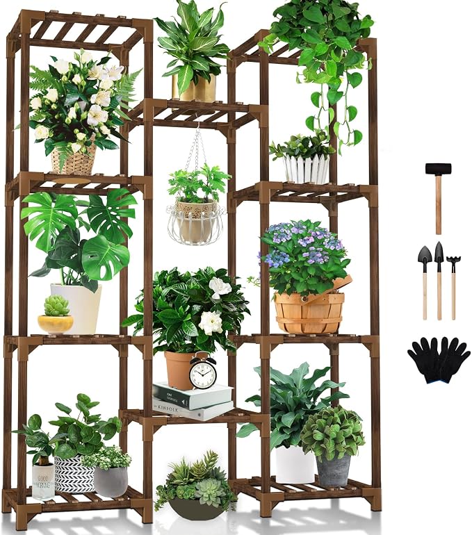 Plant Stand Indoor Outdoor, Tall Plant Shelf for Multiple Plants, 10 tiers 11 Pot Large Plants Holder Rack Wood Plant Shelves for Room Corner Balcony Garden Patio