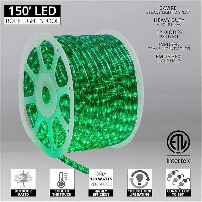 Wintergreen Lighting 150ft 1800 LED Heavy Duty Green Rope Light Kit - Flexible LED Light Rope for Outdoor & Bedroom, 120V, Inch, 2-Wire
