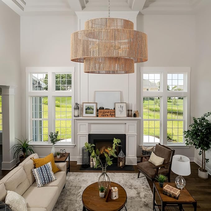 30.7in Large Rattan Chandeliers, 3-Tier Woven Boho Pendant Lights, Hemp Rope Hanging Ceiling Light, Wicker Lighting Fixture for Living Room, Dining Room, Bedroom, Kitchen Island