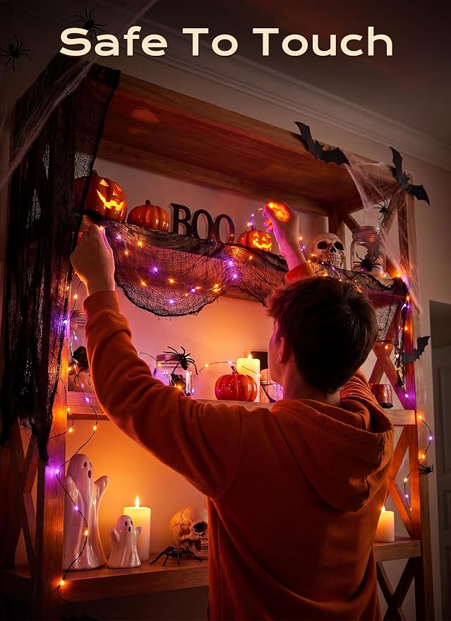 Halloween Fairy Lights Plug in, 33Ft 100LEDs Halloween String Lights, Waterproof Flexible Black Wire String Lights for Home Party Haunted House Indoor Outdoor Halloween Decorations, Orange & Purple