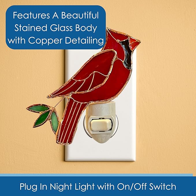 Gift Essentials Red Cardinal Plug in Night Light - Stained Glass Nightlight with On/Off Rocker Switch - Includes One 4 Watt Replaceable Incandescent Warm Glow Bulb