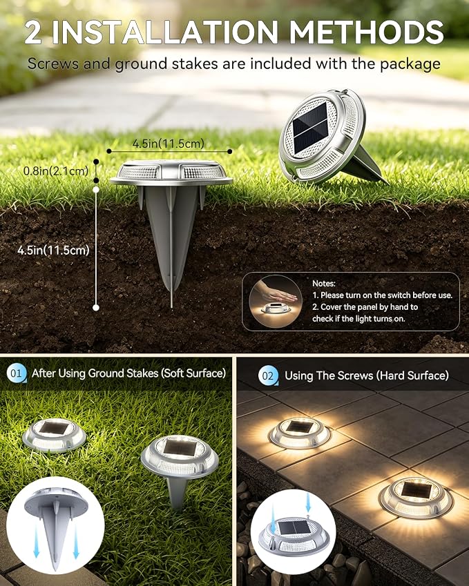Solar Driveway Lights, 2 Pack Heavy Duty Driveway Lights Solar Powered 2 Color Mode (Cool/Warm White) IP68 Waterproof Outdoor Solar Deck Lights with Ground Stake for Pathway Garden Yard Walkway Dock