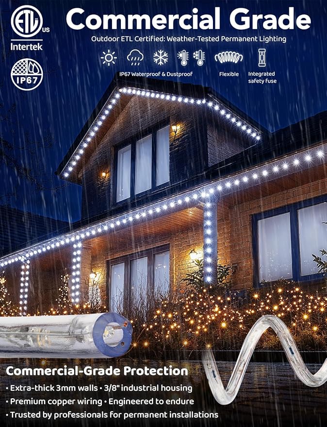 WYZworks 1656LEDs, 150ft LED Outside Rope Lights, Waterproof Permanent Outdoor ETL Certified Connectable Clear Tube, Christmas Palm Tree Holiday Decorative Landscape Patio Accent Lighting - Cool White
