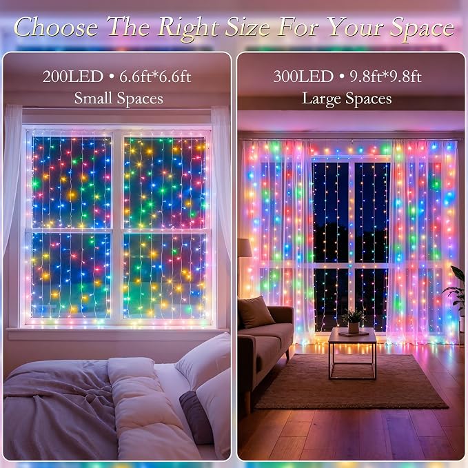 Curtain String Lights Indoor, 200LED 6.6 * 6.6FT USB Plug-in Window Curtain Lights with Timer and 8 Modes, Waterproof Multicolor Curtain Fairy Lights for Bedroom Room Wedding Outdoor Decor