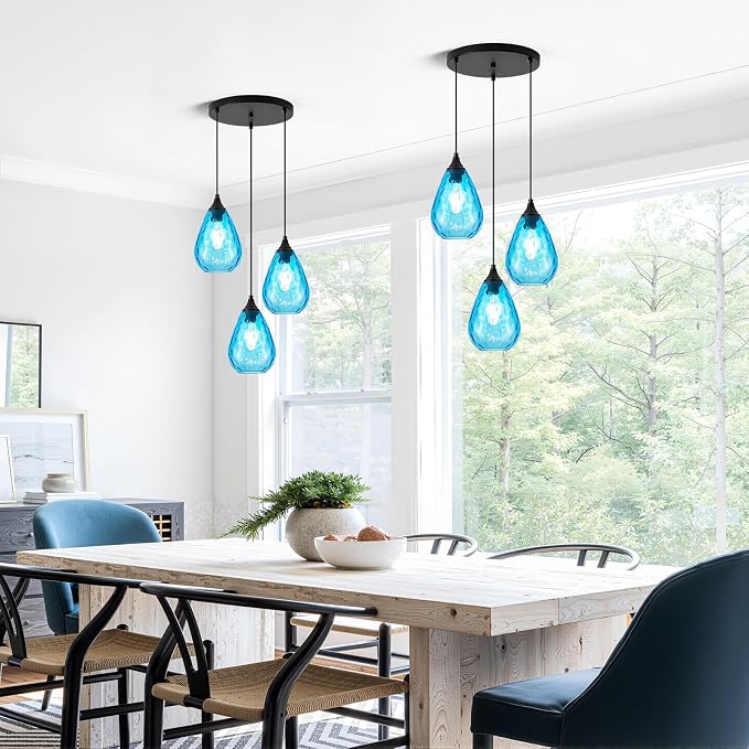 Blue 3-Light Pendant Lighting, Modern Dining Room Light Fixture Over Table with Hammered Glass, Cluster Hanging Lights for Kitchen Island Dining Room