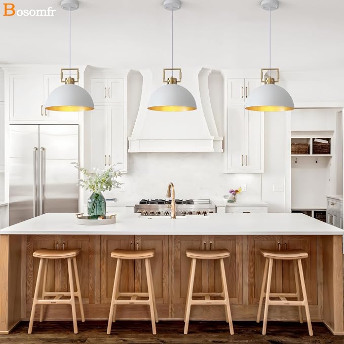12'' Farmhouse Pendant Light 2 Pack White and Gold for Kitchen Island, Dome Industrial Metal Hanging Lighting Fixtures, Adjustable Height Dining Room Chandelier for Hallway and Foyer