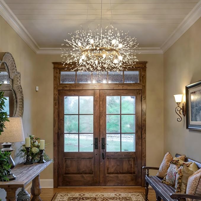 Dandelion Chandelier, 12-Light Gold Firework Crystal Chandelier, Round Dining Room Light Fixture Hanging Light for Entryway Foyer (Bulb Included)