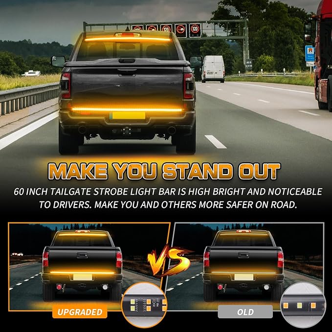 XRIDONSEN 48 inch Amber Tailgate Strobe Lights Strip 288 LED Tail/Rear Window Emergency Lights Flashing Warning Hazard Safety Caution Light for Tow/Plow Trucks Construction Vehicles Pickup Trailer