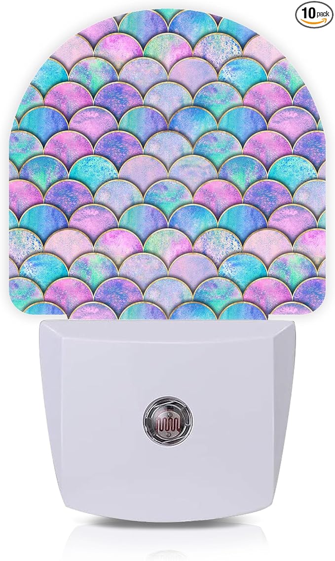 Pink Mermaid Fish Scales Night Lights Plug into Wall for Girls Boys Room,Night Light LED Lamp Dusk to Dawn Sensor Round Lamp for Bedroom Bathroom Hallway Home Wall Decor