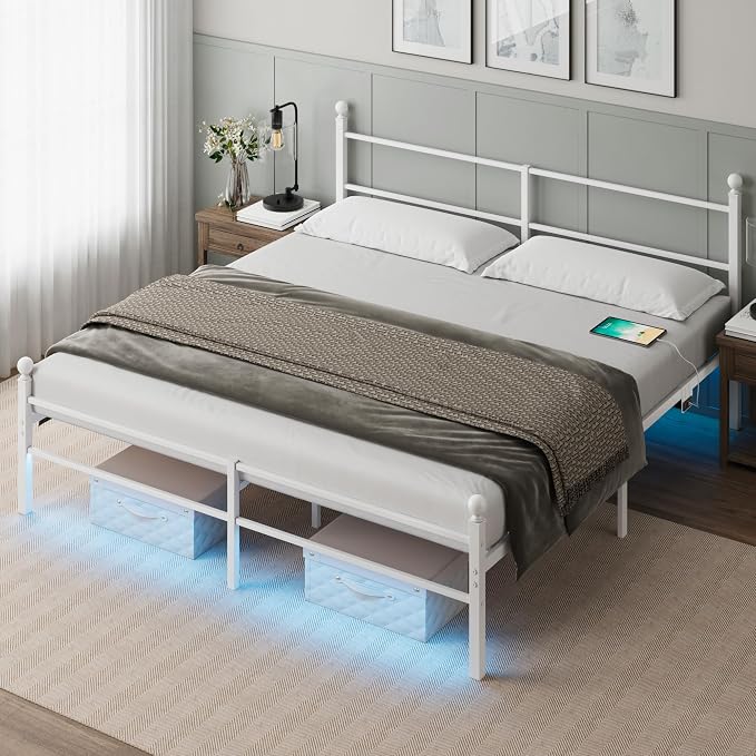 King Size Bed Frame with Headboard - Metal Platform Bed with LED Lights, Charging Station, Under Bed Storage and Heavy Duty Steel Slats Support - No Box Spring Needed, Easy Assembly, White