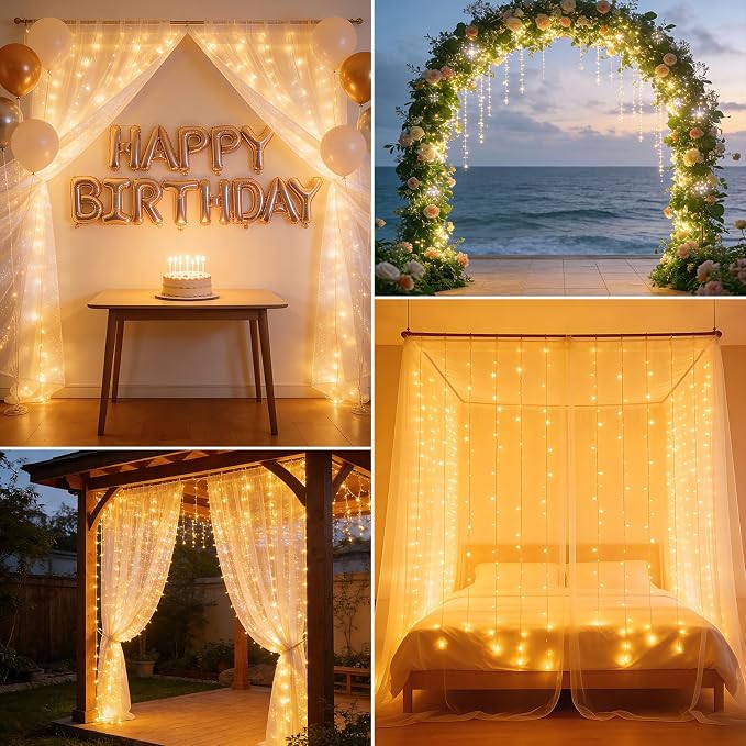 300LED Fairy Curtain Lights 9.8ft x 9.8ft LED Dimmable Twinkle Lights | with Remote and Timer USB Plug in 8 Modes String Lights for Bedroom Indoor Outdoor Party Christmas Decor, Warm White