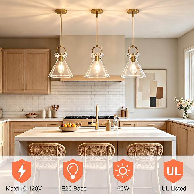 Gold Pendant Lights Kitchen Island 9.84'' Clear Glass Shade | Modern Pendant Lighting Over Sink, Adjustable Hanging Ceiling Light, E26 Dimmable for Dining Room, 1-Pack