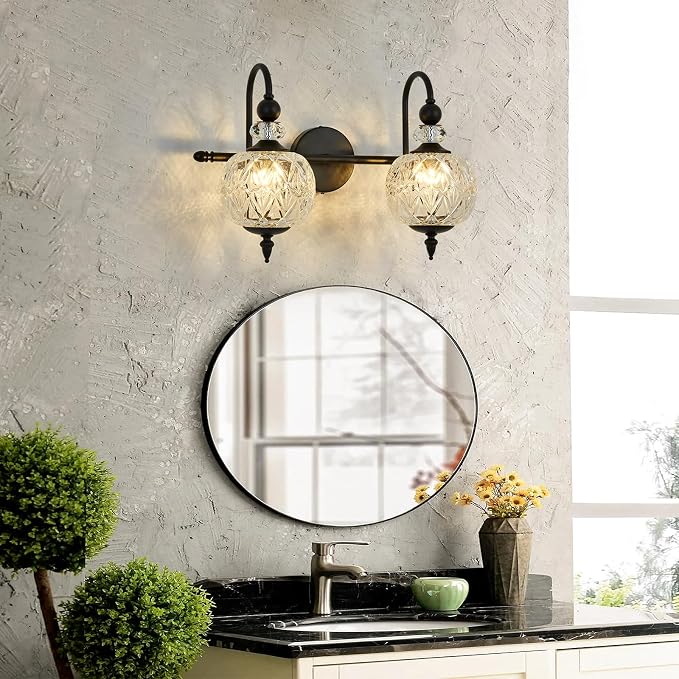 Piepooye Vintage Bathroom Light Fixtures Black Vanity Light with Glass Globe LampShade 2 Lights Mid Century G9 Bulb Wall Sconce Indoor Vanity Light Over Mirror for Kitchen Bedroom Farmhouse