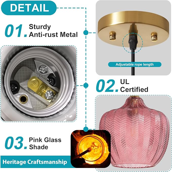Pink Glass Pendant Lights Kitchen Island Gold Hanging Ceiling Light 9.45" | 1 Pack, Adjustable height, Dimmable, E26 bulbs, Rust-resistant Damp Rated For Bathrooms, 5-Year Warranty, UL Certification