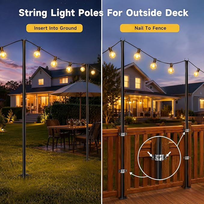 6 Pack 9FT String Light Poles for Outdoor,Metal Lights Hanging Pole Outside with Fork,Light Stand for Patio, Pergola, Garden, Backyard, Yard, Camping Party