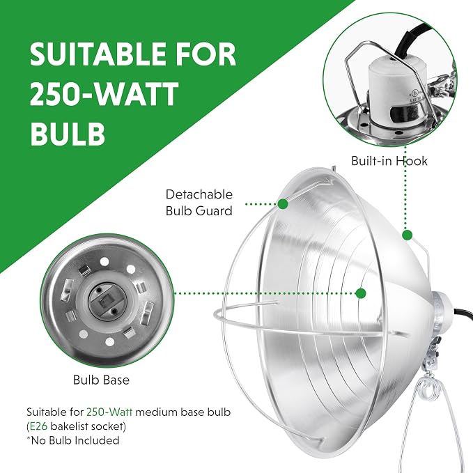 Simple Deluxe Clamp Lamp Light Socket with 10.5 Inch Aluminum Reflector and Ceramic Base, 250-Watt E26 Socket (no Bulb Included) 6 Feet 18/2 SJT Cord, 1-Pack