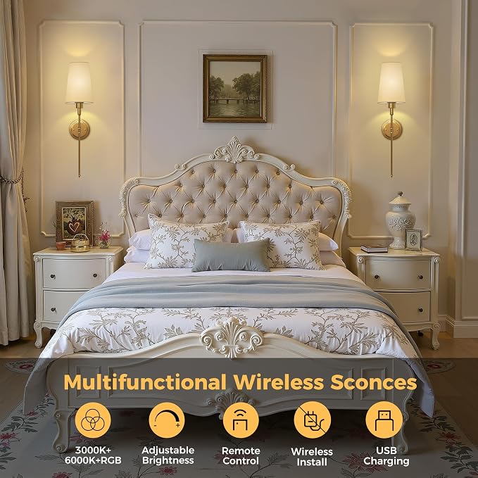 Battery Operated Wall Sconce: Set of 2 Wireless Wall Light 12000mAh | 15 Color Rechargeable Wall Sconces, Sconce Wall Decor Set of 2 for Bedroom, Living Room, Gold, 27in