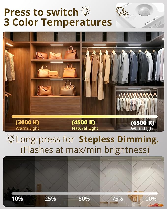 3 Pack Motion Sensor Closet Lights, Rechargeable Under Cabinet Lighting Wireless,3 Color Temps & Dimmable, Magnetic Stick On Light for Closet, Bedroom, Hallway