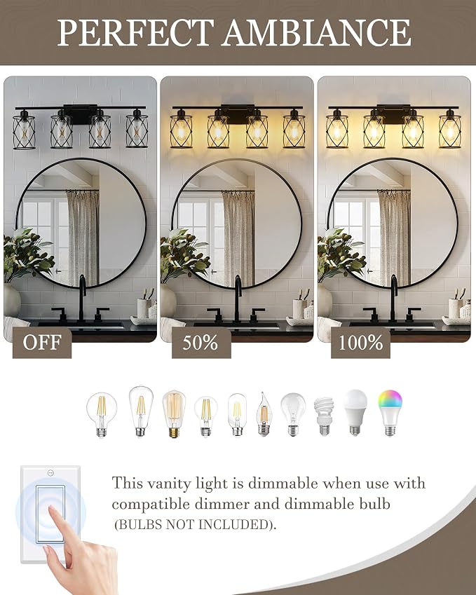 4-Light Black Bathroom Light Fixtures, 29 Inch Modern Bathroom Vanity Lighting Fixtures Over Mirror with Clear Glass and Metal Cage Wall Sconce Lights for Bath, E26, CH9176BK-4W