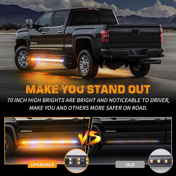 2PCS 70 inch Running Board Strobe Lights 864 LED Emergency Lights | Exterior Amber White Flashing Warning Hazard Caution Safety Light Strip for Tow Plow Trucks Construction Vehicles Pickup