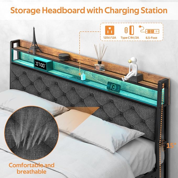 Winkalon Full Bed Frame with Ergonomic Headboard, Platform Bed Frame with RGB Lights, Outlets & Charger, Fast Assembly Bed Full Size, Modern Wood Upholstered Headboard,Gray
