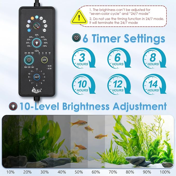 AQQA Clip On Aquarium Light for Plants Full Spectrum Fish Tank Light | with 24/7 Natural Mode & DIY RGBW Mode, 6 Timer Settings, 9 Color Options & 10 Dimmable Levels (12W for 7.9"-11.8" Tank)