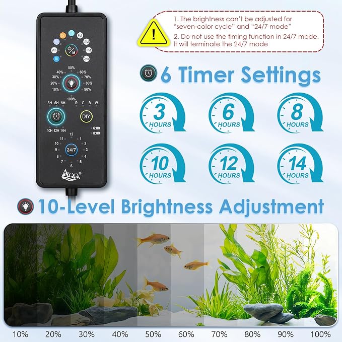 AQQA Clip On Aquarium Light for Plants Full Spectrum Fish Tank Light | 24/7 Natural Mode & DIY RGBW Mode, 6 Timer Settings, 9 Color Options & 10 Dimmable Levels for (21W for 15.7"-19.7" Tank)