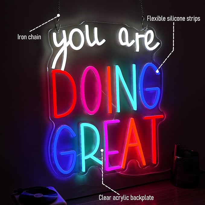 You Are Doing Great Neon Sign Colorful Doing Great Neon LED Light Dimmable Inspirational Letters Light Sign for Wall Decor Living Room Office Club Home(12.6 * 14.96In)