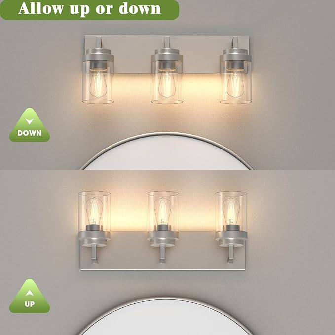 Bathroom Lighting Fixtures, 3-Light Bathroom Vanity Lights Over Mirror, Brushed Nickel Vanity Light with Glass Shade, Modern Vanity Lighting Fixtures for Bathroom, Bedroom, Hallway