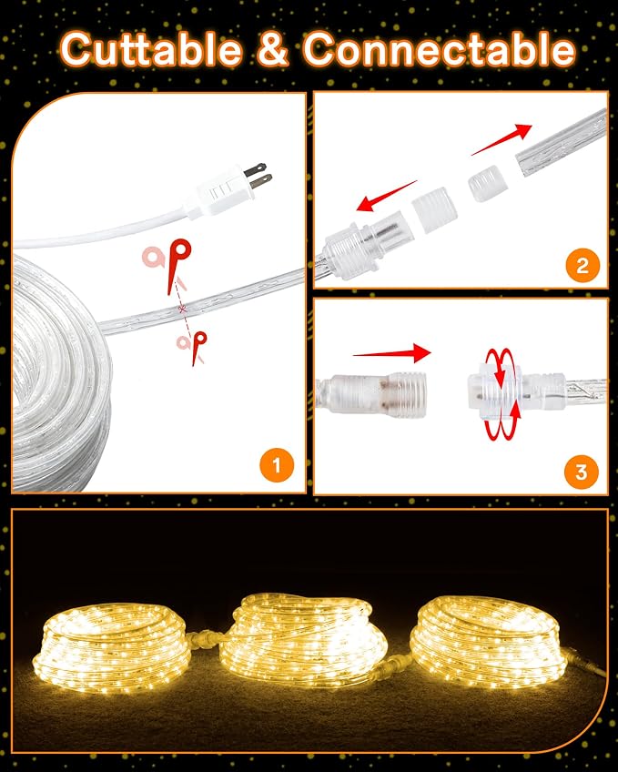 LED Rope Light, IP65 Tube Light for Christmas Patio Trees Decor, 80FT 3000K | Waterproof Clear Tube Light Plug in, 864 Warm White LEDs 110V Flexible Cuttable Connectable for Outdoor Balcony Bedroom