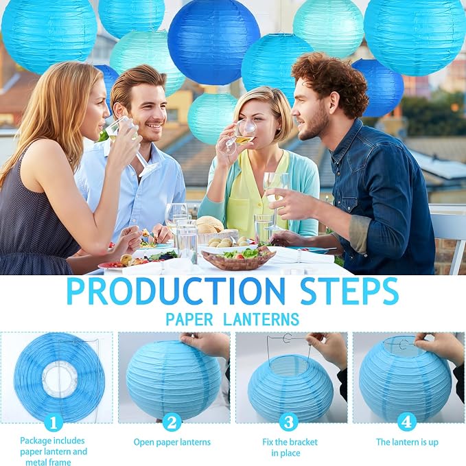 15-Pack Blue Paper Lanterns, Hanging Party Decorations | Dark-to-Light Gradient Shades in 6, 8 & 10 Inch Sizes for Boy Baby Showers, Graduations, Men's Birthdays, Ocean Themes