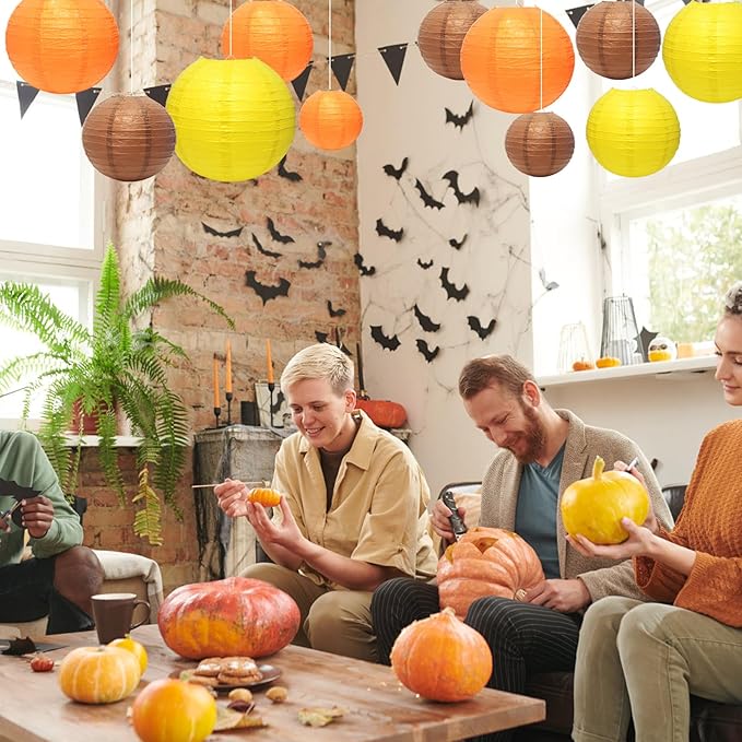 21 Pcs Fall Paper Lanterns Party Decorations, 4/6/8/10 Inch Yellow Orange and Brown Thanksgiving Decorations Autumn Hanging Paper Lanterns for Harvest Theme Party, Wedding, Birthday, Baby Shower
