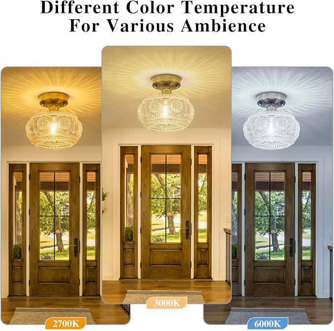 Semi Flush Mount Ceiling Light Fixture - Brass & Floral Glass Shade, Vintage Modern Lighting for Entryway, Bathroom, Kitchen, Bedroom (Bulb Not Included)