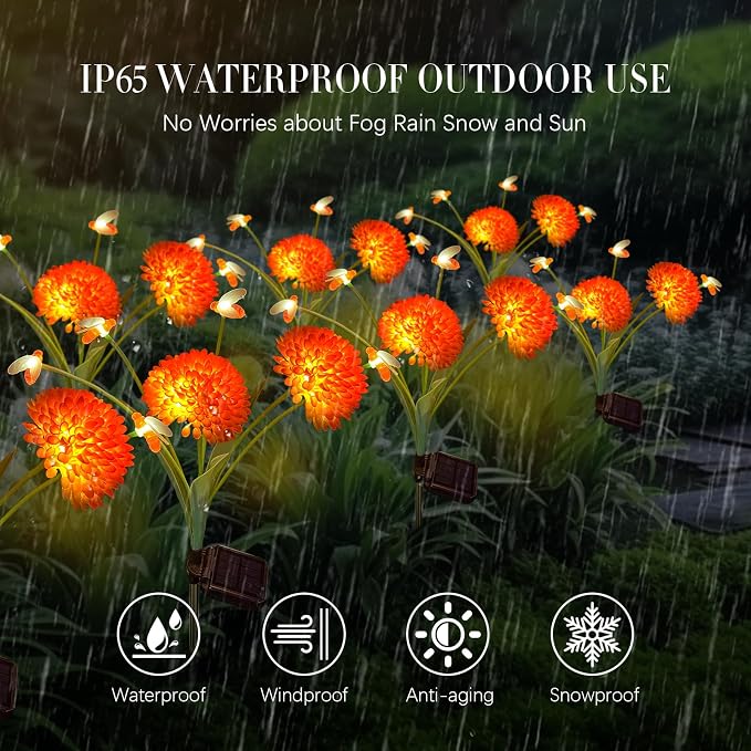 Solar Garden Lights, 2 Pack Solar Swaying Bee Lights with Flowers, Waterproof Firefly Light Outdoor for Garden Patio Yard Pathway Fall Decoration, Gifts for Women Mother's Day