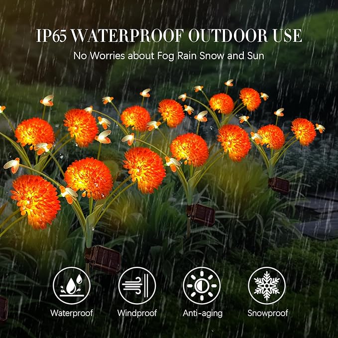 Solar Garden Lights, 4 Pack Solar Swaying Bee Lights with Flowers, Waterproof Firefly Light Outdoor for Garden Patio Yard Pathway Fall Decoration Gifts for Women Mother's Day